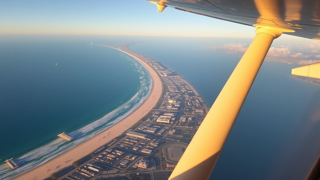 Scenic aerial photograph of Florida coastline showing Fort Lauderdale beaches and Atlantic Ocean, taken from commercial aircraft window during approach, golden hour lighting