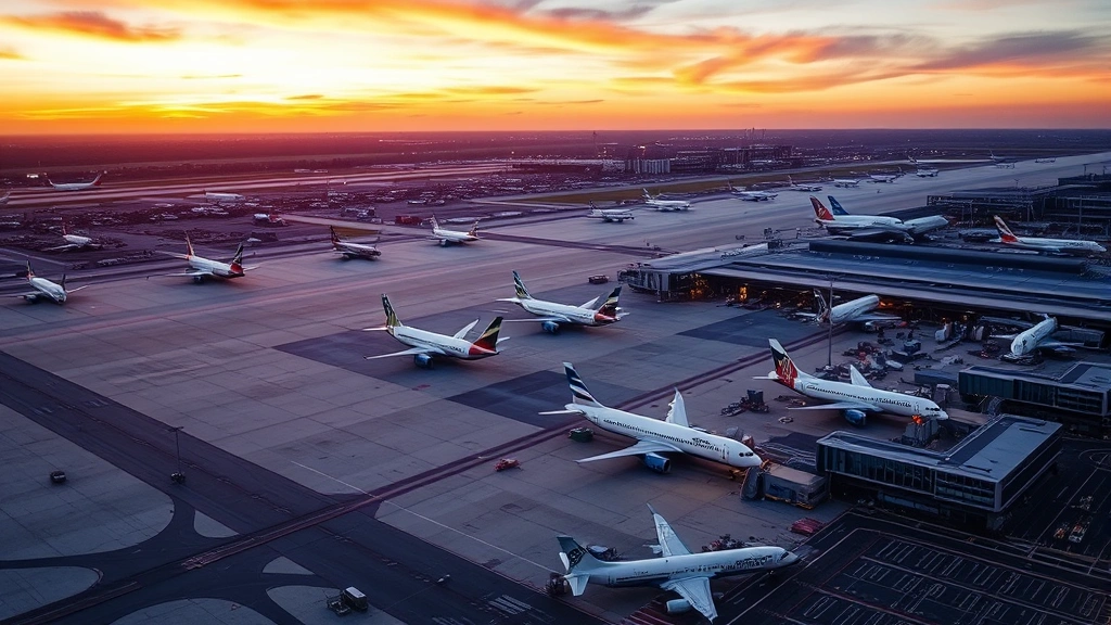 Aerial view of Atlanta's Hartsfield-Jackson International Airport with planes on tarmac at sunset, showing multiple aircraft from different airlines parked at gates, busy airport infrastructure visible below