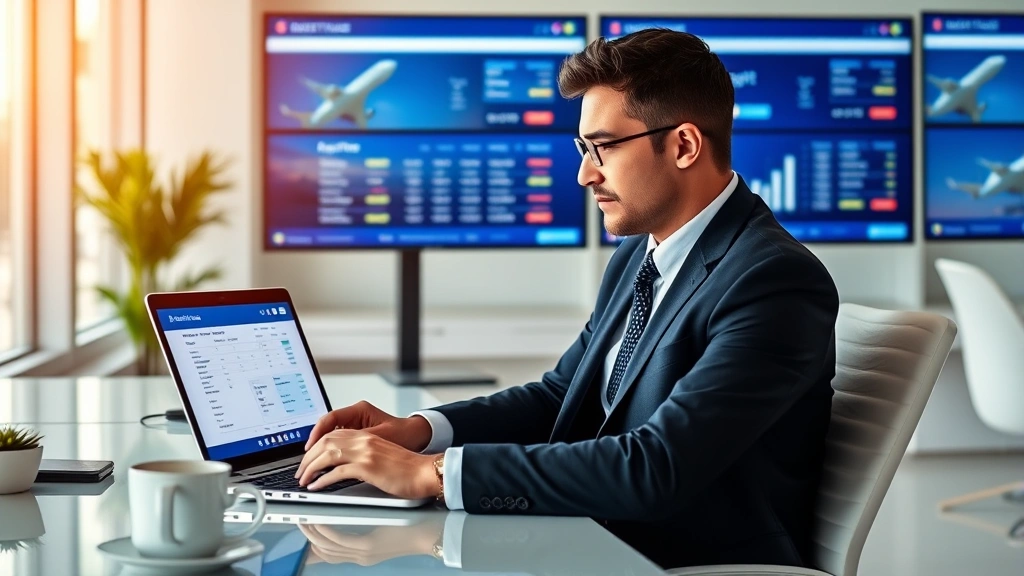 Travel agent or business person using laptop comparing flight prices on multiple screens, coffee cup nearby, bright modern office environment with flight booking website displayed, focused expression