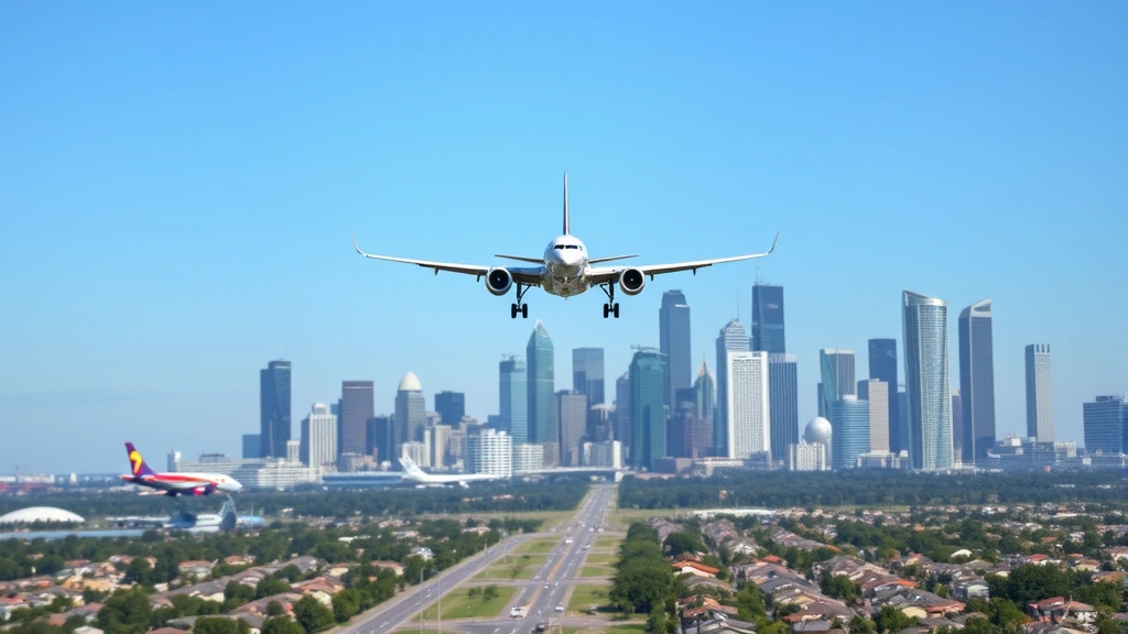 Houston skyline with commercial airplane approaching for landing, modern cityscape in background, clear blue sky, aircraft in final descent approach over suburban areas leading to airport