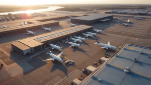Aerial view of Boston Logan International Airport with planes at gates, morning sunlight, modern terminal buildings visible