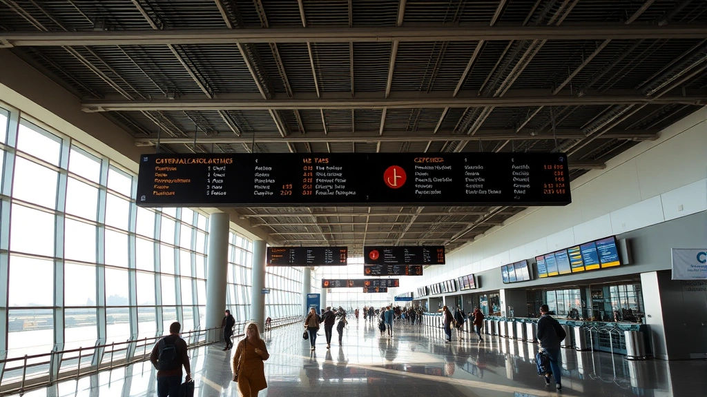 Dallas Fort Worth International Airport terminal interior with travelers walking, departure boards, natural light from large windows