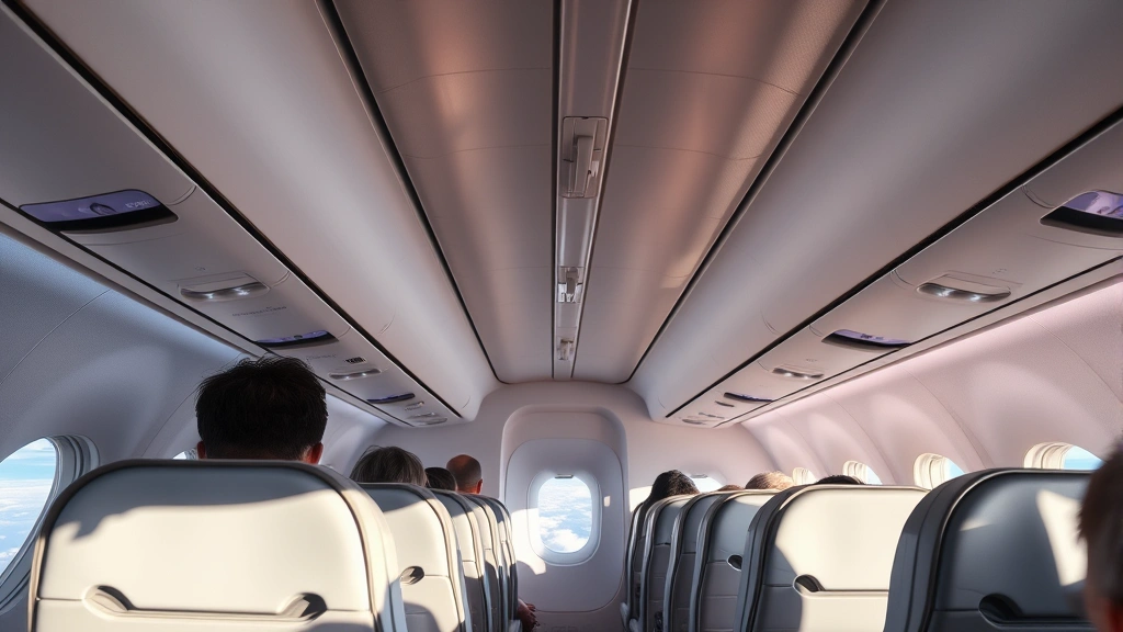 Airplane cabin interior during flight showing passengers in seats with window views of landscape below, professional travel setting