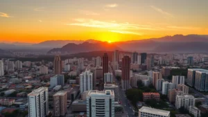 Aerial view of Cali cityscape with modern buildings and surrounding mountains during golden hour sunset, photorealistic travel photography