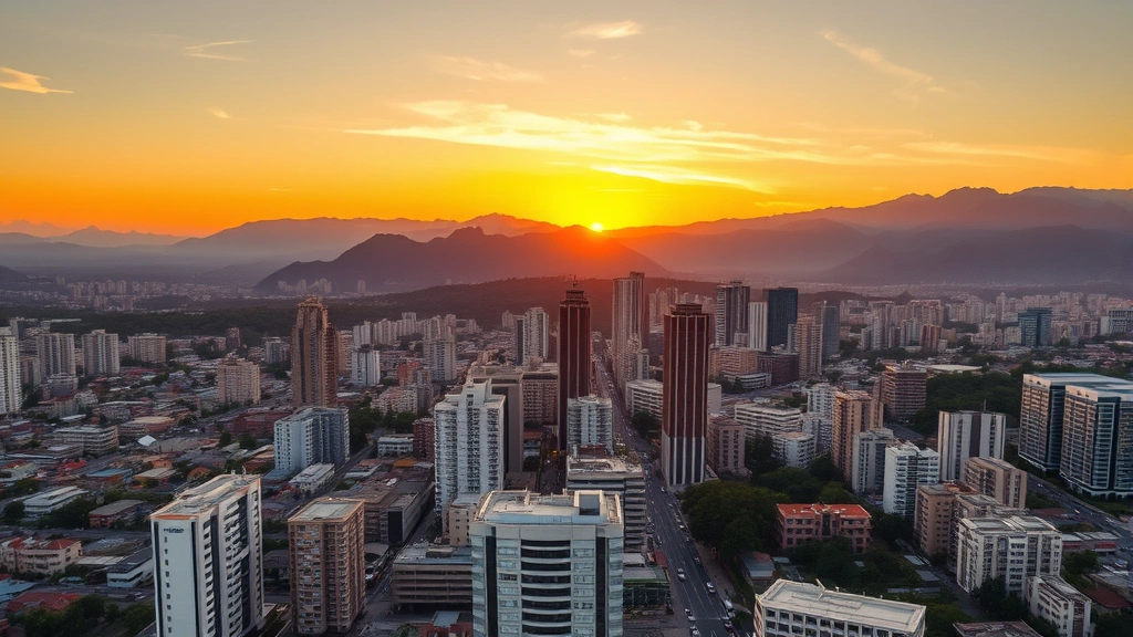 Aerial view of Cali cityscape with modern buildings and surrounding mountains during golden hour sunset, photorealistic travel photography