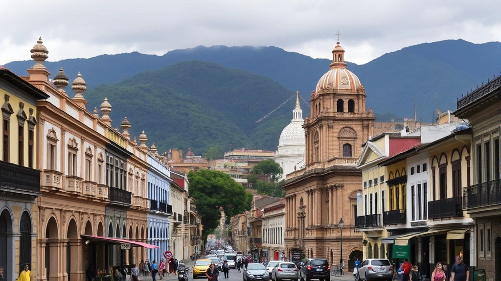 Bogota's historic La Candelaria district with colonial architecture, green mountains in background, bustling street scene with local atmosphere