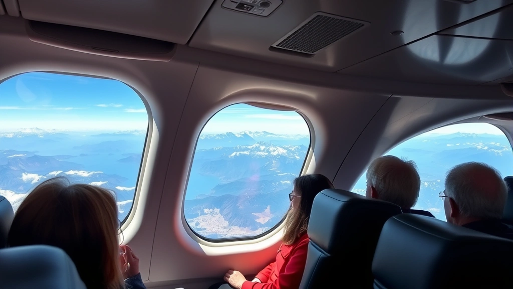 Modern aircraft interior cabin during flight with passengers, window view of Andean mountains below, realistic aviation photography