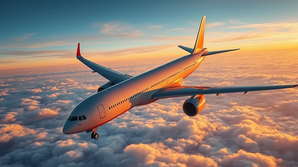 Modern commercial airplane in flight over clouds during golden hour, photographed from above showing wing and engines with sky background, photorealistic travel photography