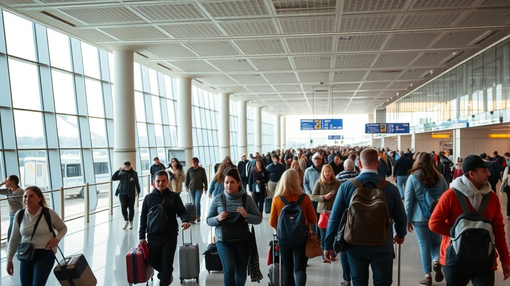 Busy airport terminal interior with travelers with luggage walking through modern concourse, natural lighting from windows, diverse passengers, professional airport setting photography