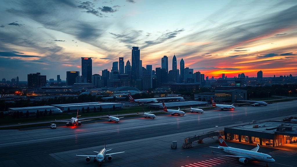 Aerial view of Atlanta skyline at sunset with Hartsfield-Jackson airport tarmac and aircraft parked at gates in foreground, cityscape and runway lights, photorealistic urban aviation scene