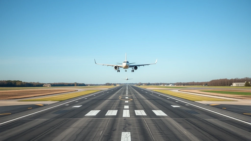 Commercial aircraft approaching Rockford International Airport runway during clear daylight conditions, wide-angle view showing runway markings and approach path