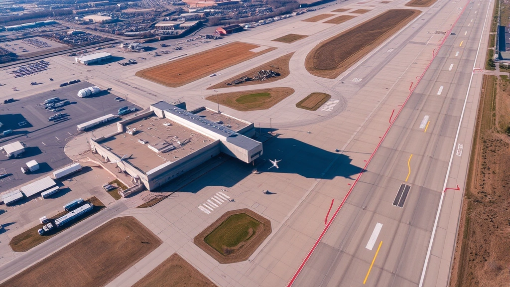 Aerial view of Rockford International Airport terminal building and parallel runways, showing airport infrastructure and surrounding landscape from above