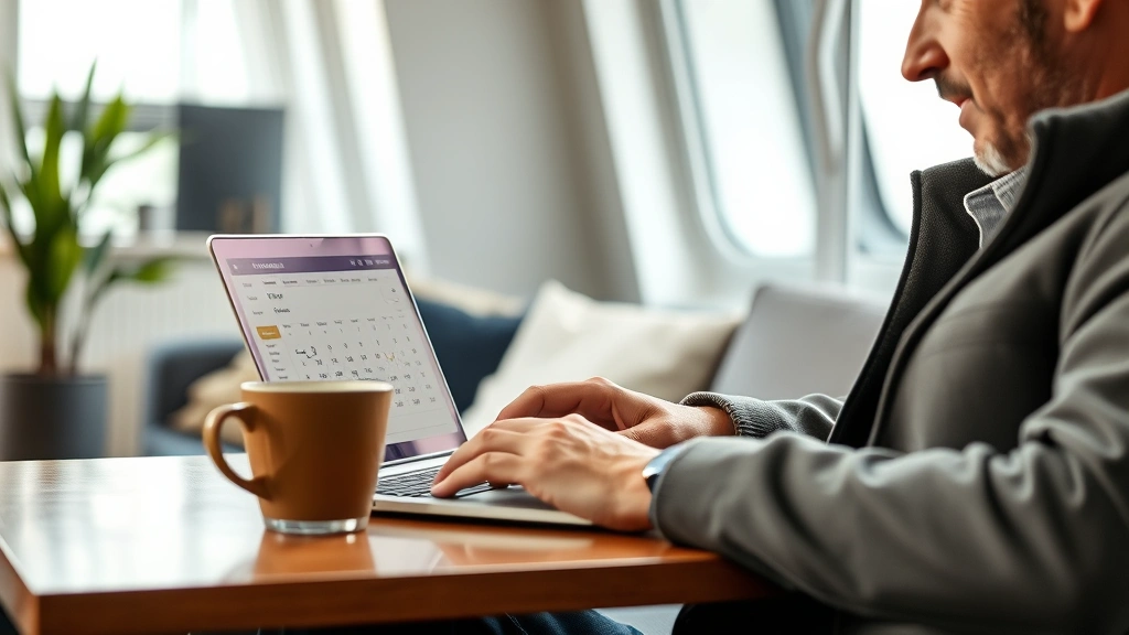 Passenger checking flight prices on laptop with calendar visible, coffee cup nearby, modern home office setting, natural window lighting, focused expression
