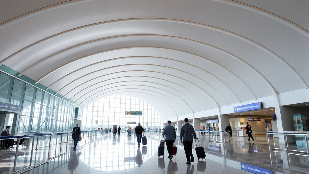 Tampa International Airport curved modern terminal interior with contemporary architecture, travelers walking with luggage, bright natural light, curved ceiling design