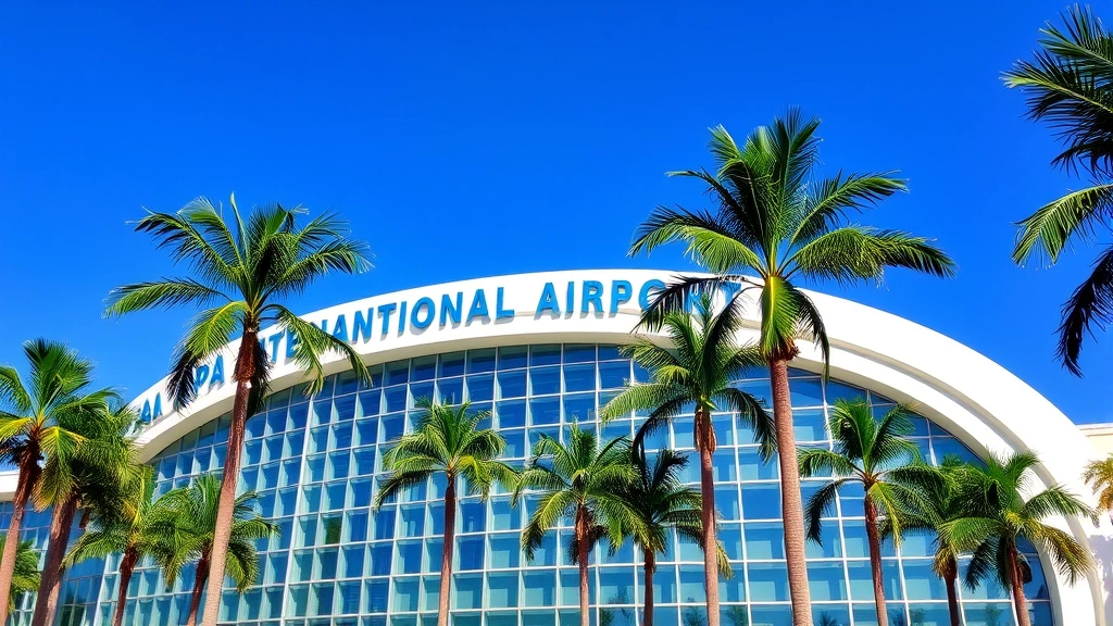 Tampa International Airport exterior curved distinctive white building with palm trees, blue sky, modern architecture, tropical setting