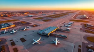 Aerial view of Dallas Fort Worth International Airport with multiple runways and aircraft parked at gates during golden hour sunset, realistic photography