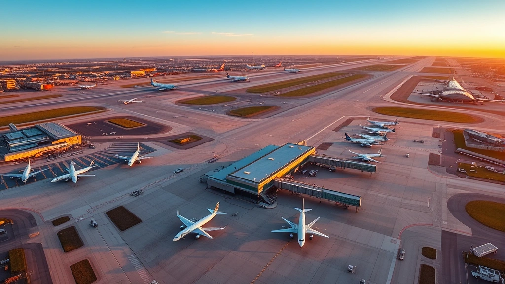 Aerial view of Dallas Fort Worth International Airport with multiple runways and aircraft parked at gates during golden hour sunset, realistic photography