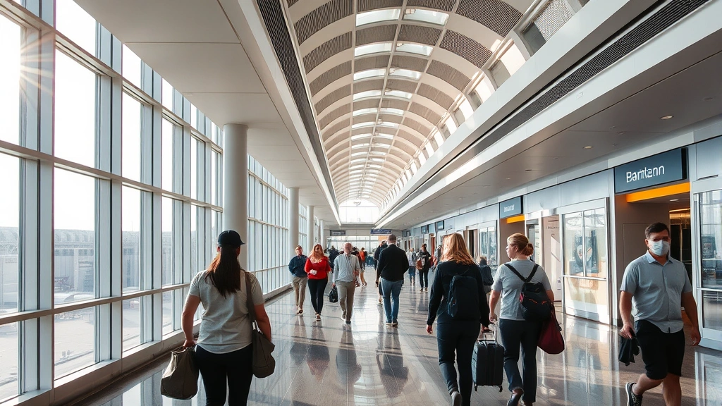 Hartsfield-Jackson Atlanta International Airport interior with travelers walking through terminal corridor, modern architecture, natural light streaming through windows, realistic travel photography