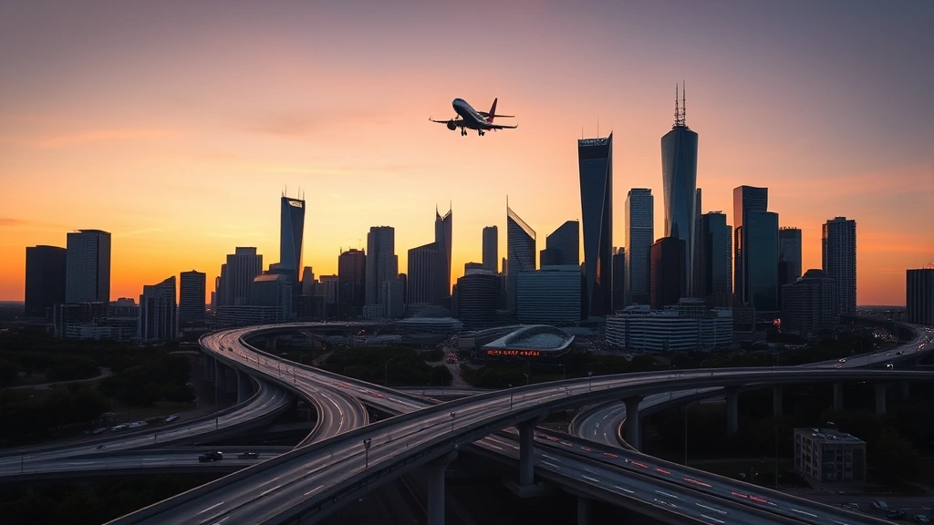 Houston cityscape skyline with modern skyscrapers and highway intersection at dusk with airplane landing in background