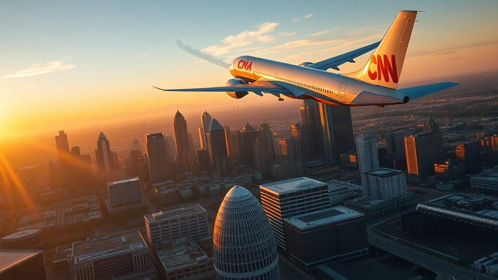 Aerial view of commercial airplane flying above Atlanta skyline with downtown buildings and CNN Center visible below during golden hour sunset photography