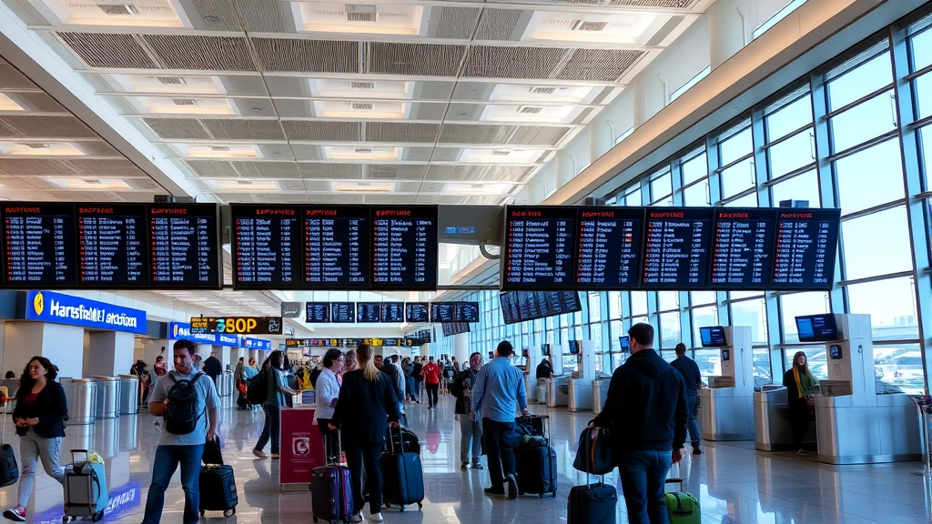 Modern airport terminal interior showing departure boards, travelers with luggage, check-in counters, and natural lighting from large windows at Hartsfield-Jackson Atlanta International Airport
