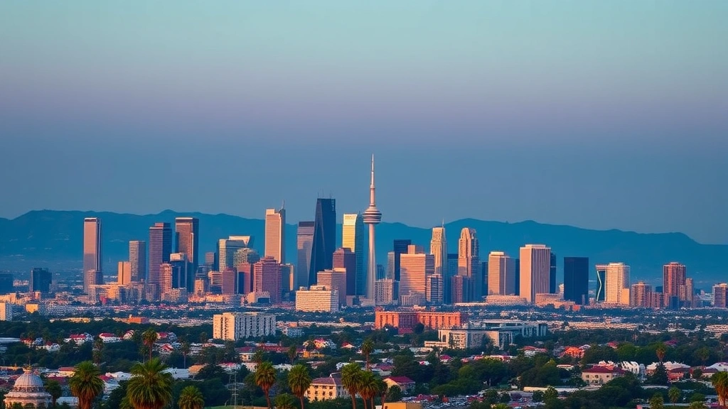 Los Angeles skyline at sunset with downtown skyscrapers, palm trees, and clear blue sky, coastal cityscape view from elevated perspective