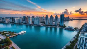 Aerial photograph of Miami skyline with Biscayne Bay turquoise waters, art deco buildings, and palm trees at sunset, vibrant tropical colors, professional travel photography
