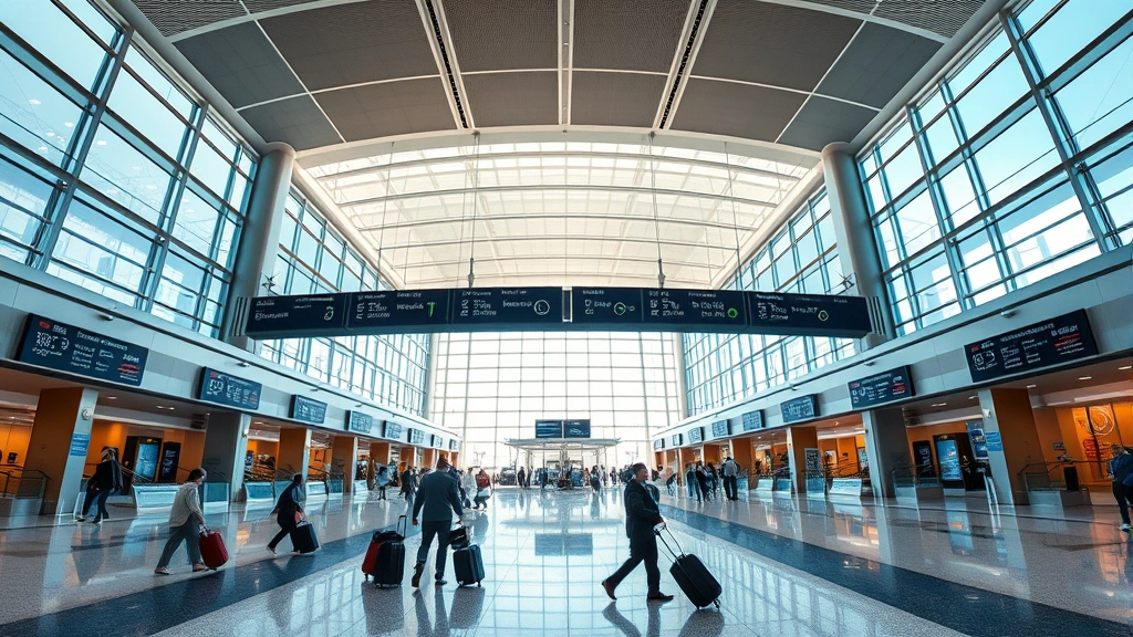 Wide-angle shot of Hartsfield-Jackson Atlanta International Airport departure lounge with modern architecture, natural light, travelers with luggage, clean contemporary design
