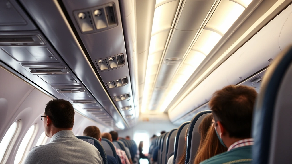 Airplane cabin interior during flight showing passengers in seats, overhead compartments, aisle perspective, modern aircraft interior, natural window lighting