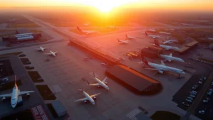 Aerial view of Atlanta Hartsfield-Jackson International Airport with aircraft on tarmac during golden hour sunset, showing runway layout and terminal buildings
