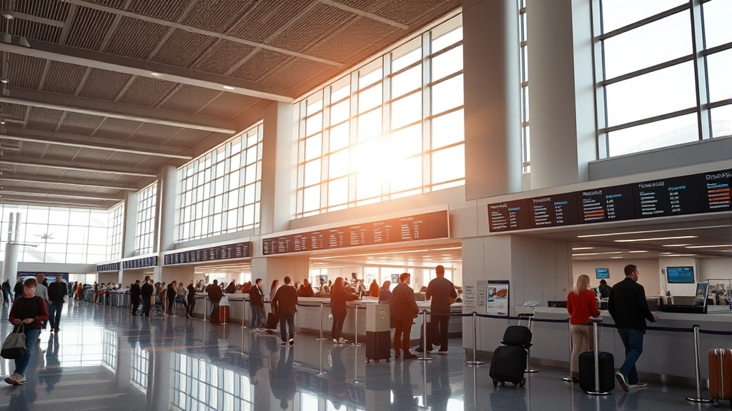 Interior of modern airport terminal with passengers checking in at ticket counters, with departure boards and natural light streaming through large windows
