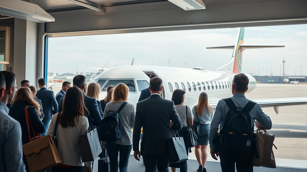 Passengers boarding regional jet aircraft at gate, walking through jet bridge with aircraft visible outside window, professional business and leisure travelers mixed