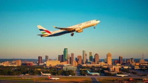 Aerial view of a commercial aircraft taking off from Atlanta airport with city skyline visible below, golden hour lighting, clear blue sky