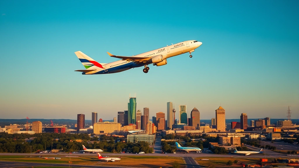 Aerial view of a commercial aircraft taking off from Atlanta airport with city skyline visible below, golden hour lighting, clear blue sky