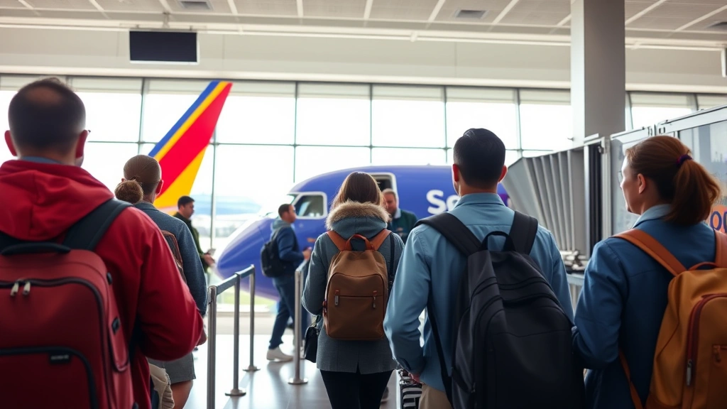 Passengers boarding a Southwest or budget airline aircraft at gate, modern airport terminal interior, natural daylight from terminal windows
