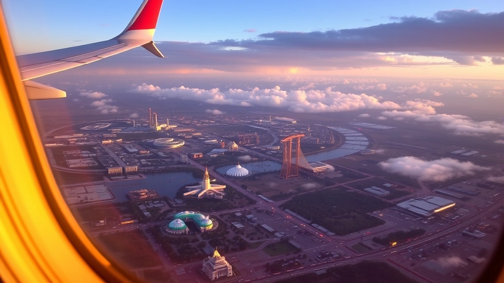 Scenic view of Orlando's theme parks and attractions from airplane window during approach, late afternoon lighting, Florida landscape visible