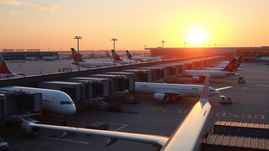 Modern commercial aircraft lined up at departure gates during golden hour with multiple planes visible at busy airport terminal, showing the bustling nature of major aviation hub