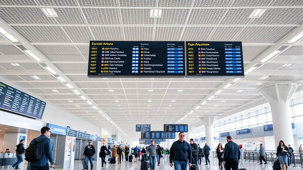 Interior view of airport terminal showing departure boards, travelers with luggage, modern architecture and bright lighting typical of major US airport hub