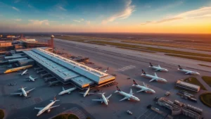 Aerial view of Hartsfield-Jackson Atlanta International Airport with multiple aircraft parked at gates, modern terminal buildings, and runway infrastructure visible from above during evening golden hour