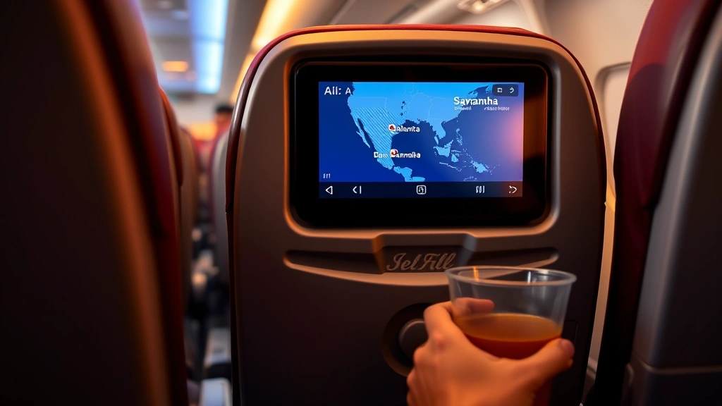 Close-up of airline seat back in-flight entertainment system showing flight path map on screen with Atlanta and Savannah marked, passenger hand holding beverage cup, cabin lighting warm and soft