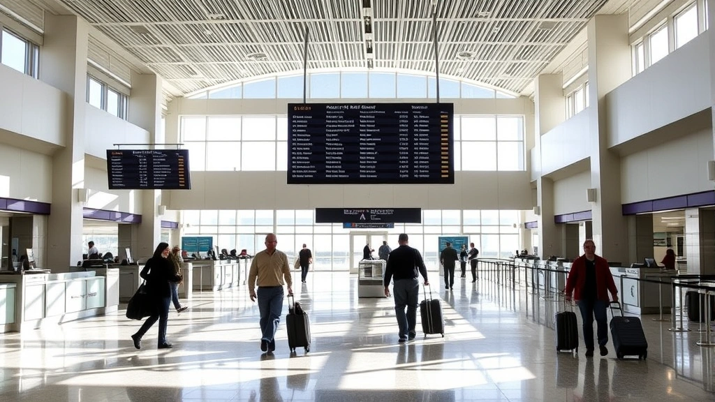 Savannah/Hilton Head International Airport terminal interior with check-in counters, departure board displaying flight information, passengers walking with luggage, natural light streaming through windows