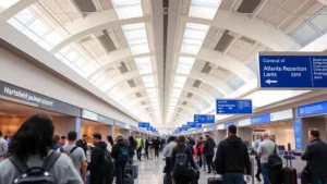 Hartsfield-Jackson Atlanta International Airport modern terminal interior with travelers checking in, blue and white signage visible, busy but organized atmosphere, natural lighting from skylights, photorealistic daytime scene