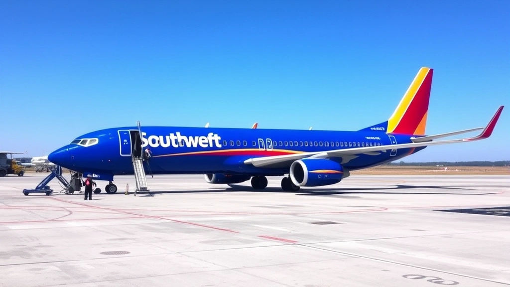 Regional jet aircraft in Southwest Airlines livery on tarmac at Atlanta airport with ground crew performing maintenance, clear blue sky, taxiway markings visible, commercial aviation operations scene, photorealistic exterior shot