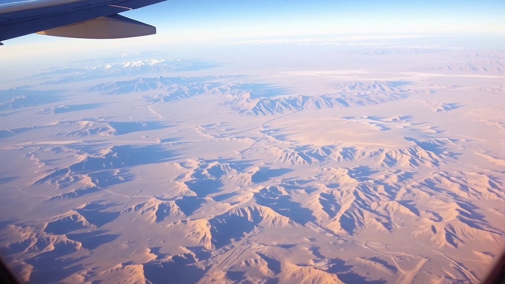 Aerial view from commercial aircraft window showing desert landscape with mountains and valleys between Austin Texas and Las Vegas Nevada, bright daylight with wing visible