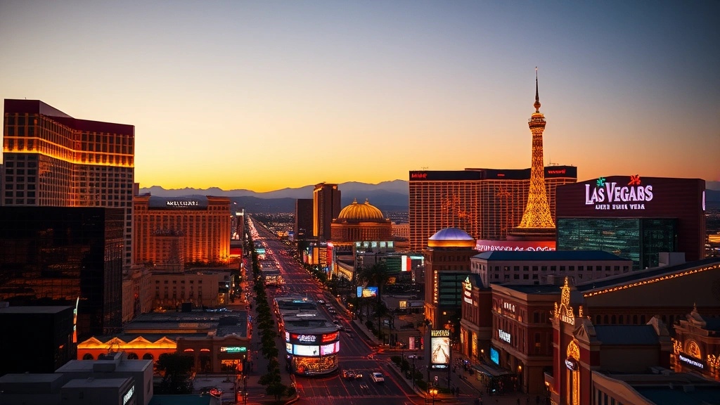 Modern Las Vegas Strip skyline at golden hour dusk with illuminated casinos hotels and bright lights, no visible text or signage, cinematic photography