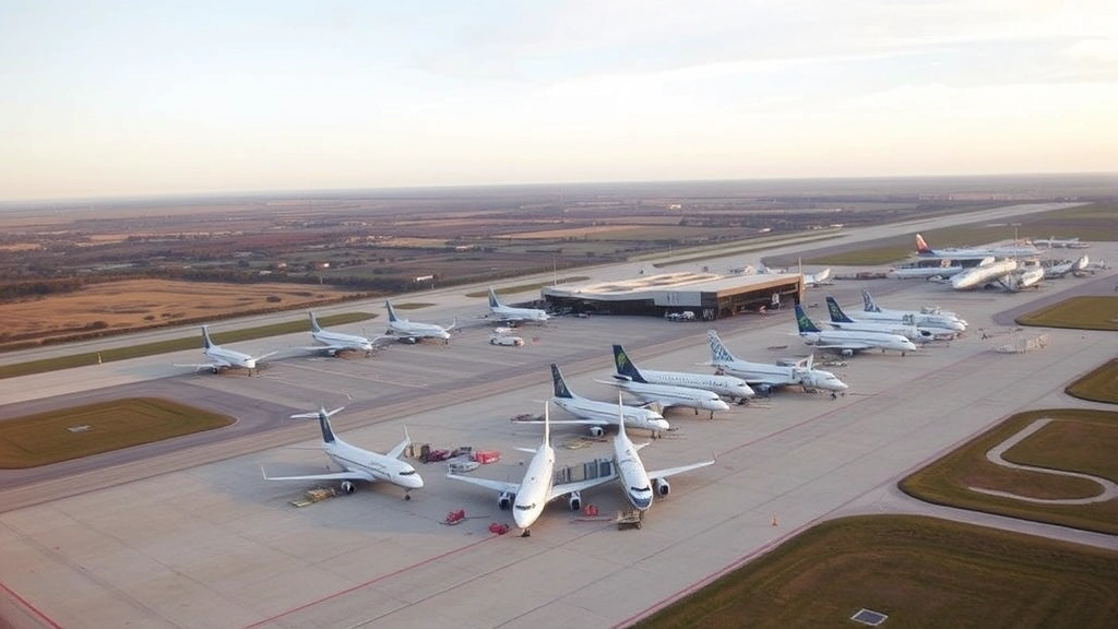 Aerial view of Austin-Bergstrom International Airport with commercial aircraft parked at gates, Texas landscape visible in background, professional aviation photography, daytime lighting