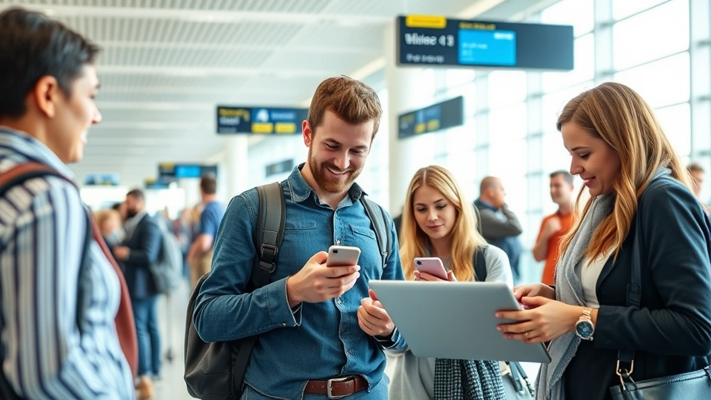 Modern airline passengers checking flight prices on laptop and smartphone at airport terminal, diverse travelers, bright airport interior, natural window lighting, candid travel moment