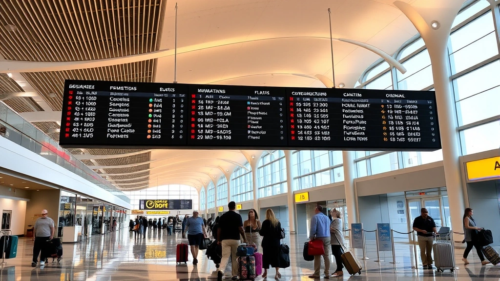 Orlando International Airport terminal interior with departure board, travelers with luggage, modern architecture, warm Florida lighting, bustling airport atmosphere