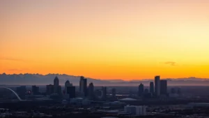 Aerial view of Denver skyline with Rocky Mountains backdrop at sunset, snow-capped peaks visible, modern city lights beginning to illuminate, wide landscape format, realistic photography