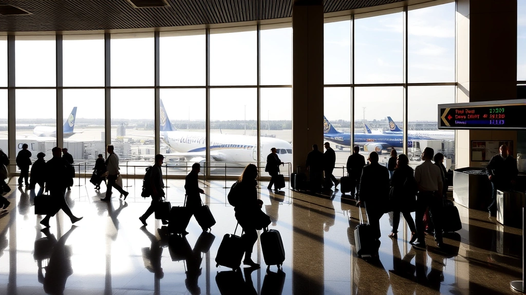 Boston Logan International Airport terminal interior with large windows showing aircraft, travelers with luggage, modern architecture, bright natural lighting, busy but organized atmosphere